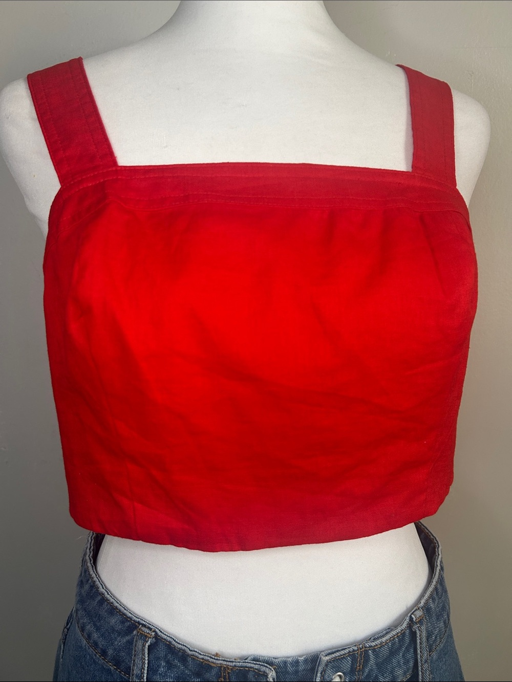 Express New Red Cotton Linen Blend Square-Neck Crop Tie Back Tank Top Wide Strap